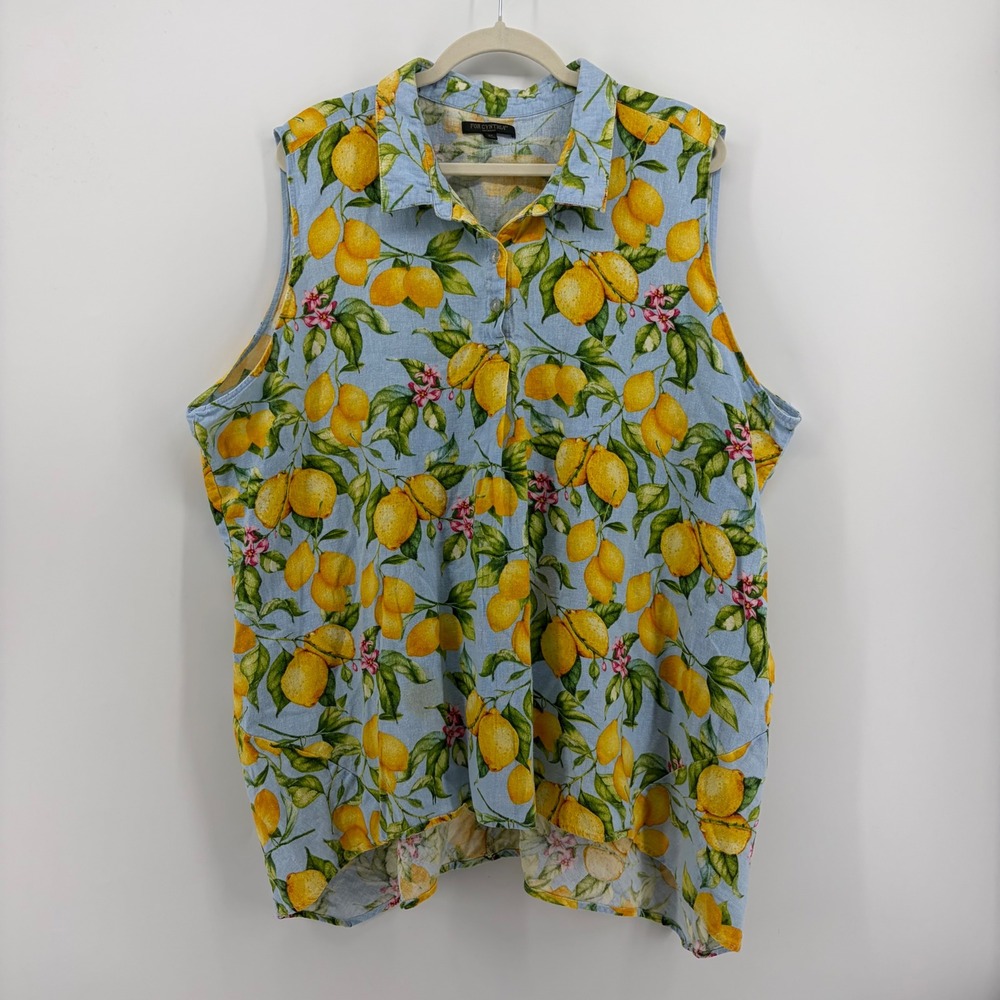 For Cynthia Womens 3X Blue Lemon Print Linen Blend Sleeveless Button Down Top